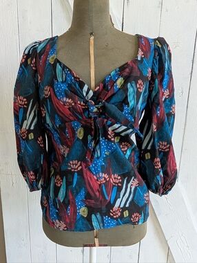 Eva Franco Black Floral Tie-Front Puff Sleeve Top
